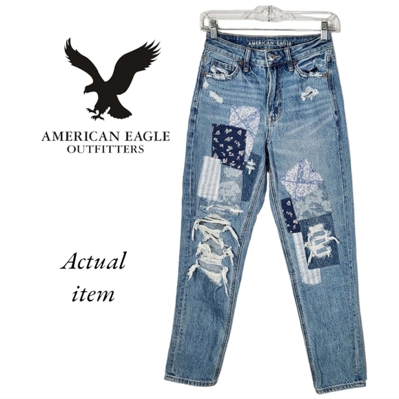 American Eagle High Rise Straight Leg- Quilt  Patch Mom Jeans - Picture 2 of 7